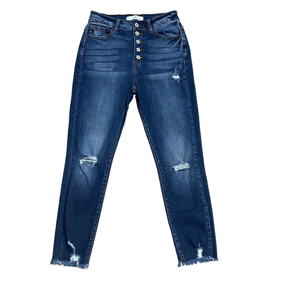 KANCAN JEANS BUTTON FLY HIGH RISE SKINNY DISTRESSED SIZE 5 / 26 ANKLE DARK WASH